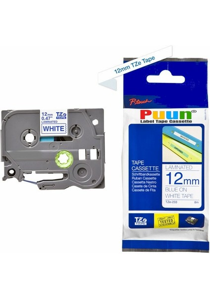 Brother P-Touch TZE-233 12MM x 8m Beyaz Üzerine Mavi Muadil Laminasyon Etiket Şeridi