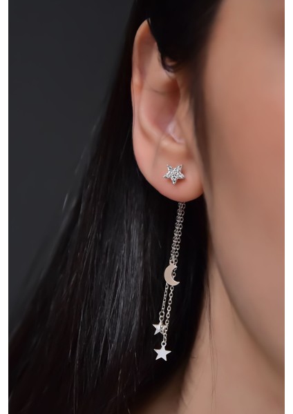 925 Ayar Gümüş Rodyum Kaplama Zincir Sallantılı Ay Yıldız Küpe