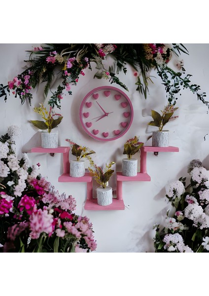 Ahşap Pembe Mumluk Yapay Çiçekli Kalpli Duvar Saati Çiçekliği Seti G1