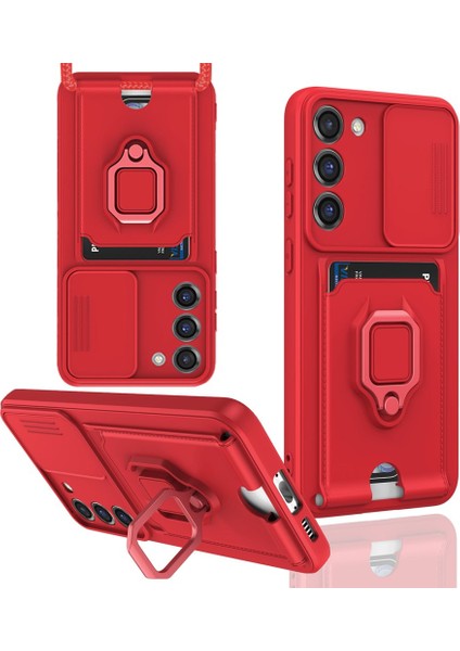 S23 Plus Kılıf Kamera Korumalı Standlı Yüzüklü Kartvizitli Ipli Silikon
