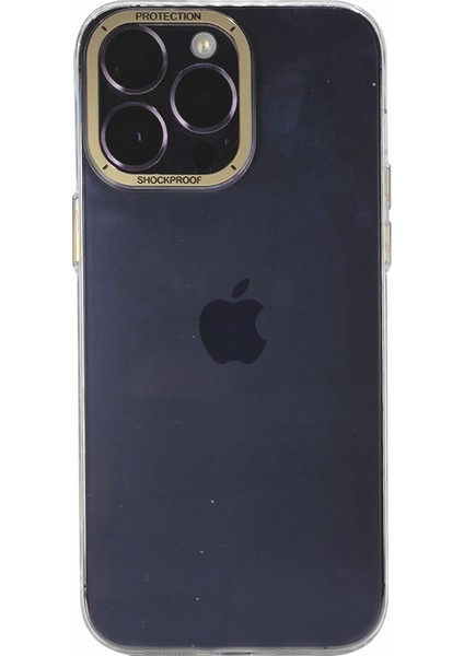 Apple iPhone 14 Pro Max Telefon Gold Kılıf Kılıfı Kamera Metal Kamera Koruyuculu Şeffaf Transparent Cover