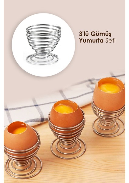 Pratik Gümüş 3'lü Yumurta Seti - Yumurtalık Haşlanmış Yumurta Tutucu Standı