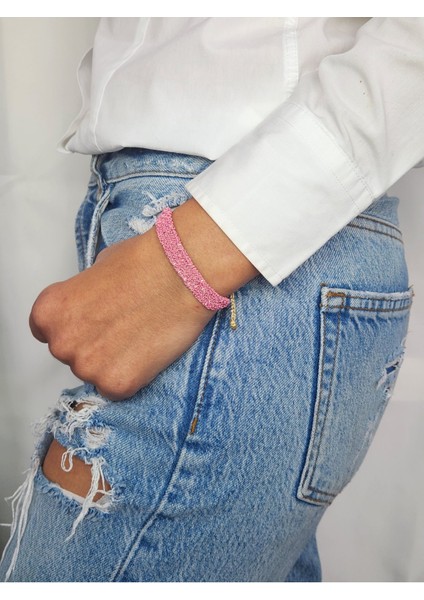 Pembe Zincir Dokuma Kordon El Yapımı Otantik Bileklik