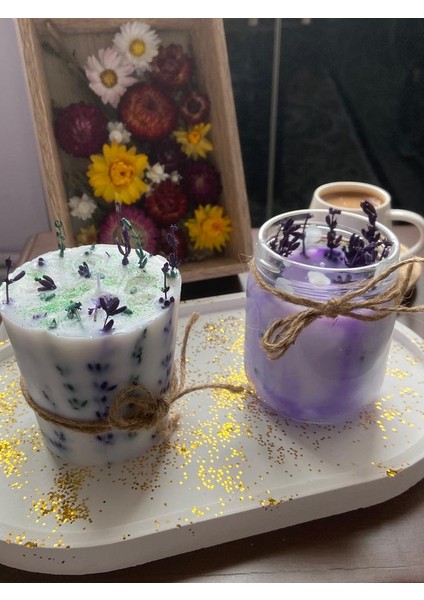 Kurutulmuş Lavantalarla Hazırlanan Hindistan Cevizi ve Vanilya Kokulu Soya Mumları ve Simli Beton Sunumluk Birarada