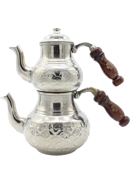El Işlemeli Desenli Bakır Çaydanlık Gümüş Renk