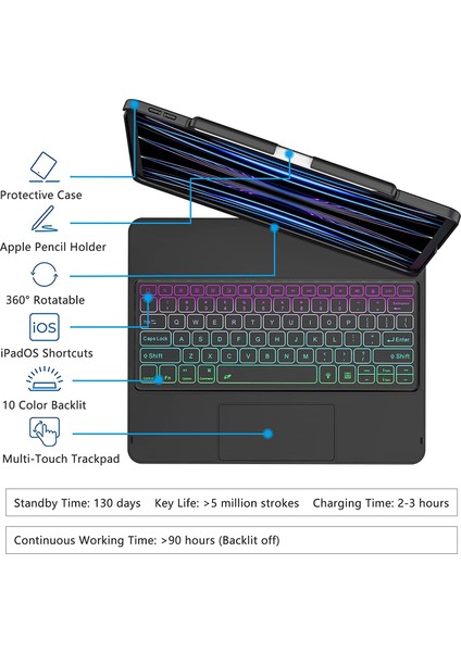 MTK Moveteck Apple Ipad Pro 12.9" 5. 6. Nesil 2021/2022 Uyumlu Klavye Gökkuşağı Aydınlatmalı Kalem Tutucu Pencil Holder Magic Keyboard Magnetik Case