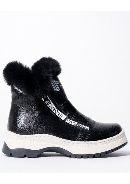 Yan Fermuarlı Siyah Rugan Kız Çocuk Bot