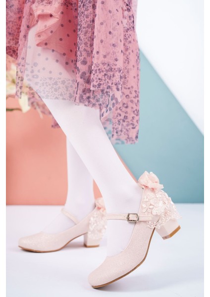 Topuklu Pudra Simli Kız Çocuk Ayakkabı