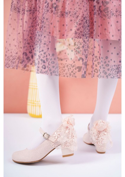 Topuklu Pudra Simli Kız Çocuk Ayakkabı modelleri