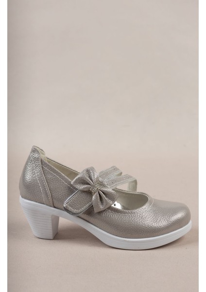 Topuklu Çatal Baretli Gümüş Kız Çocuk Ayakkabı