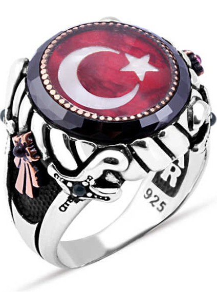 Mineli Türk Bayrağı Kenarı Çember Taşlı Erkek Yüzük