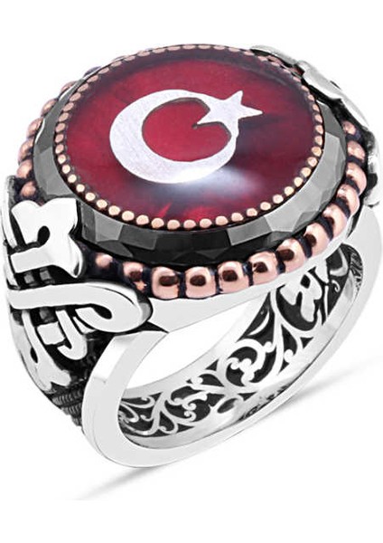 Mineli Türk Bayrağı Kenarı Çember Taşlı Erkek Yüzük