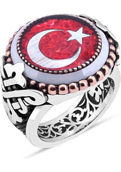 Mineli Türk Bayrağı Kenarı Çember Taşlı Erkek Yüzük