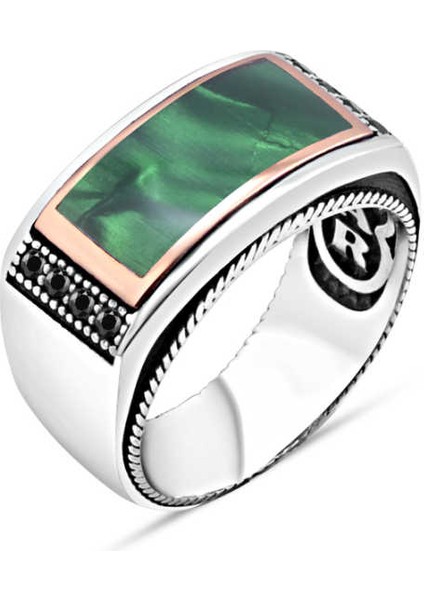 Yeşil Mineli Kenarları Siyah Zirkon Taşlı Erkek Yüzük