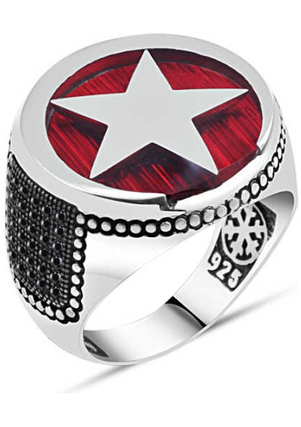 Yanları Zirkon Taşlı Üstü Mineli Ay-Yıldız Erkek Yüzük