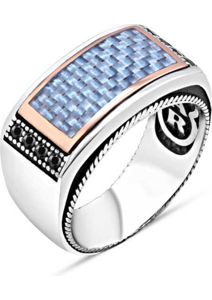 Üzeri Karbonlu Kenarı Minik Siyah Zirkon Taşlı Erkek Yüzük