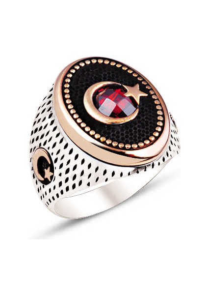 Gümüş Kırmızı Zirkon Taşlı Üstü ve Yanları Ay Yıldız Motifli Yüzük