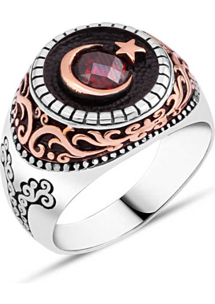 Oniks Taş Üzeri Ay-Yıldız Ortası Zirkon Taşlı Erkek Yüzük