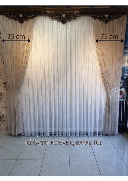Vizon Sağ Sol Kanat Fon ve Iç Beyaz Tül Takım Kombin Perde Sık Pile.en 275 , Boy 270