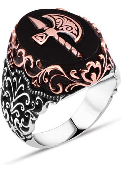Oniks Taş Üzeri Balta Armalı Erkek Yüzük