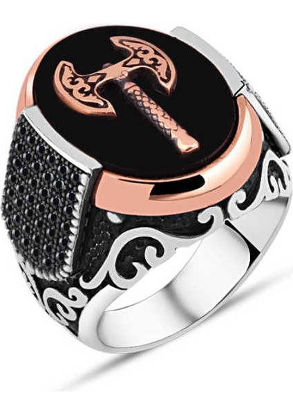 Oniks Taş Üzeri Balta Kenarları Minik Siyah Zirkon Taşlı Erkek Yüzük