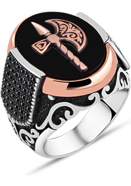 Oniks Taş Üzeri Balta Kenarları Minik Siyah Zirkon Taşlı Erkek Yüzük