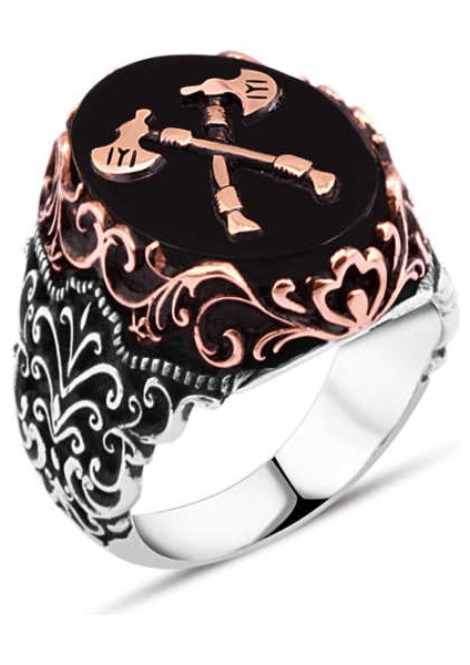 Oniks Taş Üzeri Çift Baltalı Erkek Yüzük