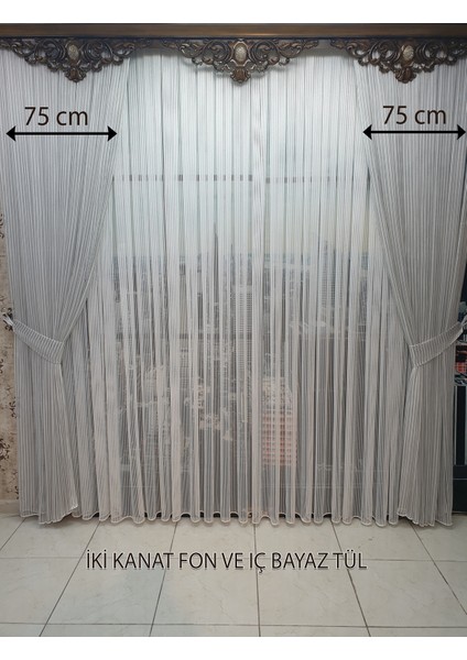 Gri Sağ Sol Kanat Fon ve Iç Beyaz Tül Takım Kombin Perde Sık Pile.en 425 , Boy 255