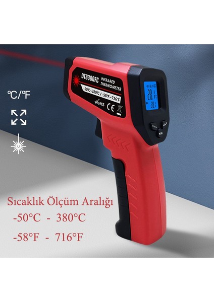 Kızılötesi, Lazerli, Infrared Termometre 380°C , Isı Ölçer, Sıcaklık Ölçer