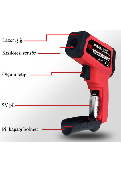 Kızılötesi, Lazerli, Infrared Termometre 380°C , Isı Ölçer, Sıcaklık Ölçer