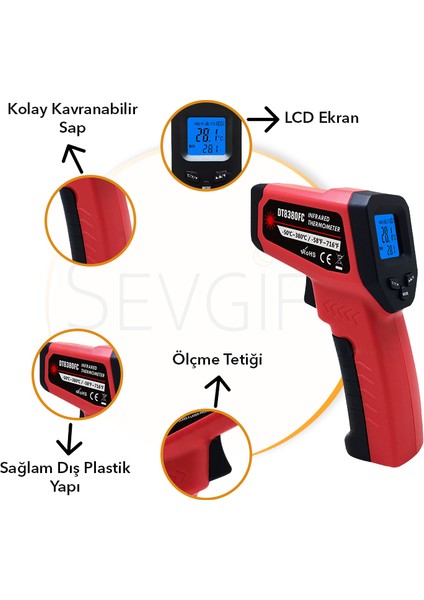 Kızılötesi, Lazerli, Infrared Termometre 380°C , Isı Ölçer, Sıcaklık Ölçer