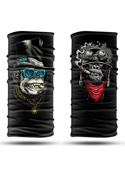 Maymun - Motorlu Astronot Desenli 2'li Set Boyunluk Bandana Outdoor Balaklava Yüz Maskesi Kafa Bandı