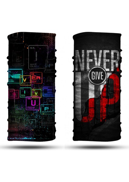 Never Give Up Desenli 2'li Set Boyunluk Bandana Outdoor Balaklava Yüz Maskesi Kafa Bandı