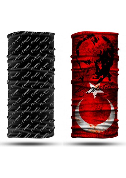 Atatürk Desenli 2'li Set Boyunluk Bandana Outdoor Balaklava Yüz Maskesi Kafa Bandı