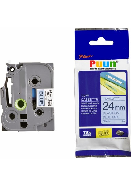 Brother P-Touch TZE-551 24MM x 8m Mavi Üzerine Siyah Muadil Laminasyon Etiket Şeridi