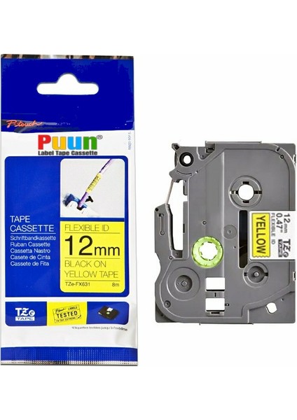 Brother P-Touch TZE-FX631 12MM x 8m Sarı Üzerine Siyah Esnek Muadil Laminasyon Etiket Şeridi