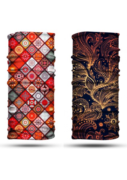 Altın Yaprak - Motif Desenli 2'li Set Boyunluk Bandana Outdoor Balaklava Yüz Maskesi Kafa Bandı