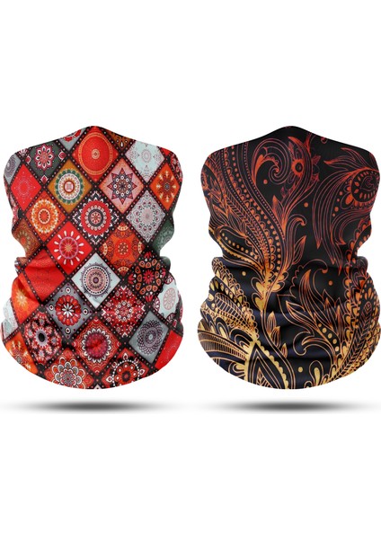 Altın Yaprak - Motif Desenli 2'li Set Boyunluk Bandana Outdoor Balaklava Yüz Maskesi Kafa Bandı