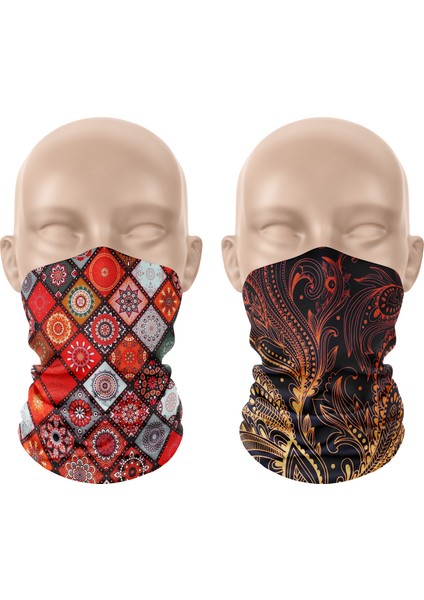 Altın Yaprak - Motif Desenli 2'li Set Boyunluk Bandana Outdoor Balaklava Yüz Maskesi Kafa Bandı