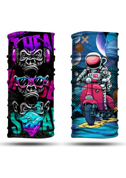 Maymun - Motorlu Astronot Desenli 2'li Set Boyunluk Bandana Outdoor Balaklava Yüz Maskesi Kafa Bandı