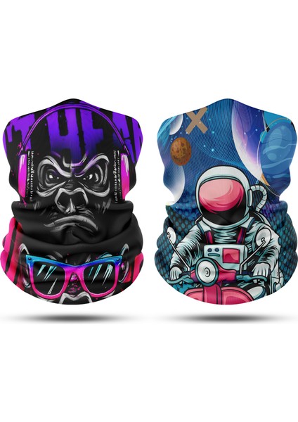 Maymun - Motorlu Astronot Desenli 2'li Set Boyunluk Bandana Outdoor Balaklava Yüz Maskesi Kafa Bandı fiyatları