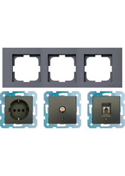 Ovivo Grano Füme Üçlü Set - Tv - Data Cat 6 Internet- Topraklı Priz