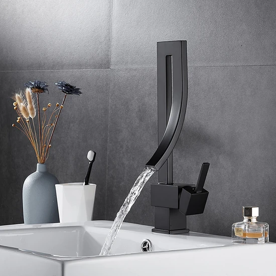 Anunnaki Özel Tasarım Matte Black Banyo Bataryası Retro Şelale Kare Havza Lavabo Bataryası