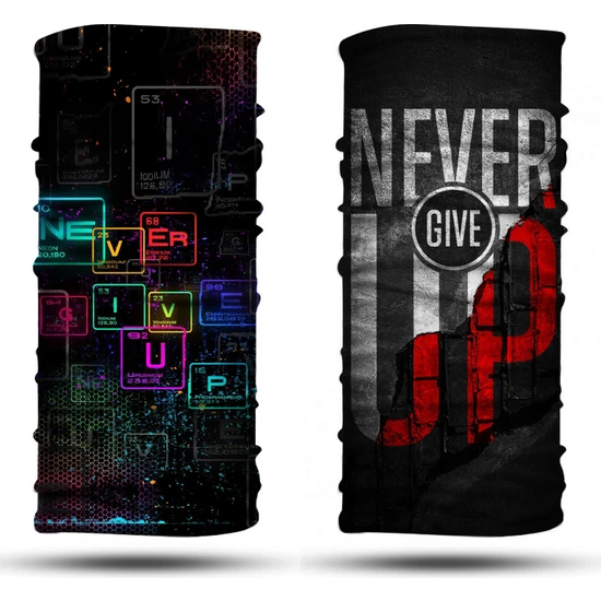 Dair Aksesuar Never Give Up Desenli 2'li Set Boyunluk Bandana Outdoor Balaklava Yüz Maskesi Kafa Bandı