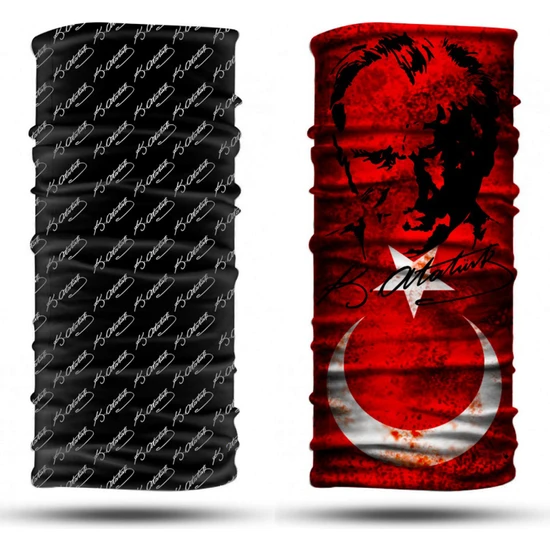 Dair Aksesuar Atatürk Desenli 2'li Set Boyunluk Bandana Outdoor Balaklava Yüz Maskesi Kafa Bandı