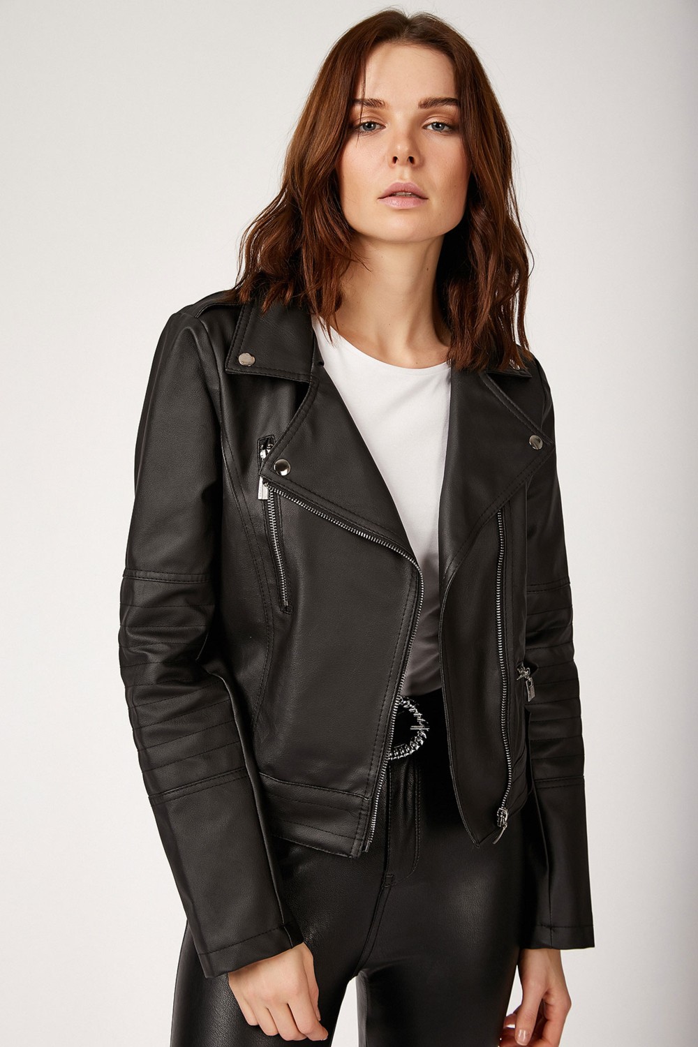 Bigdart 1025 Suni Deri Biker Ceket - Siyah görsel 2