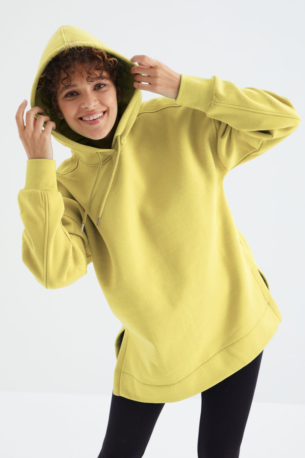 Tommy Life Ekru Reglan Kol Basic Kapüşonlu Oversize Sweatshirt Tunik - 97242