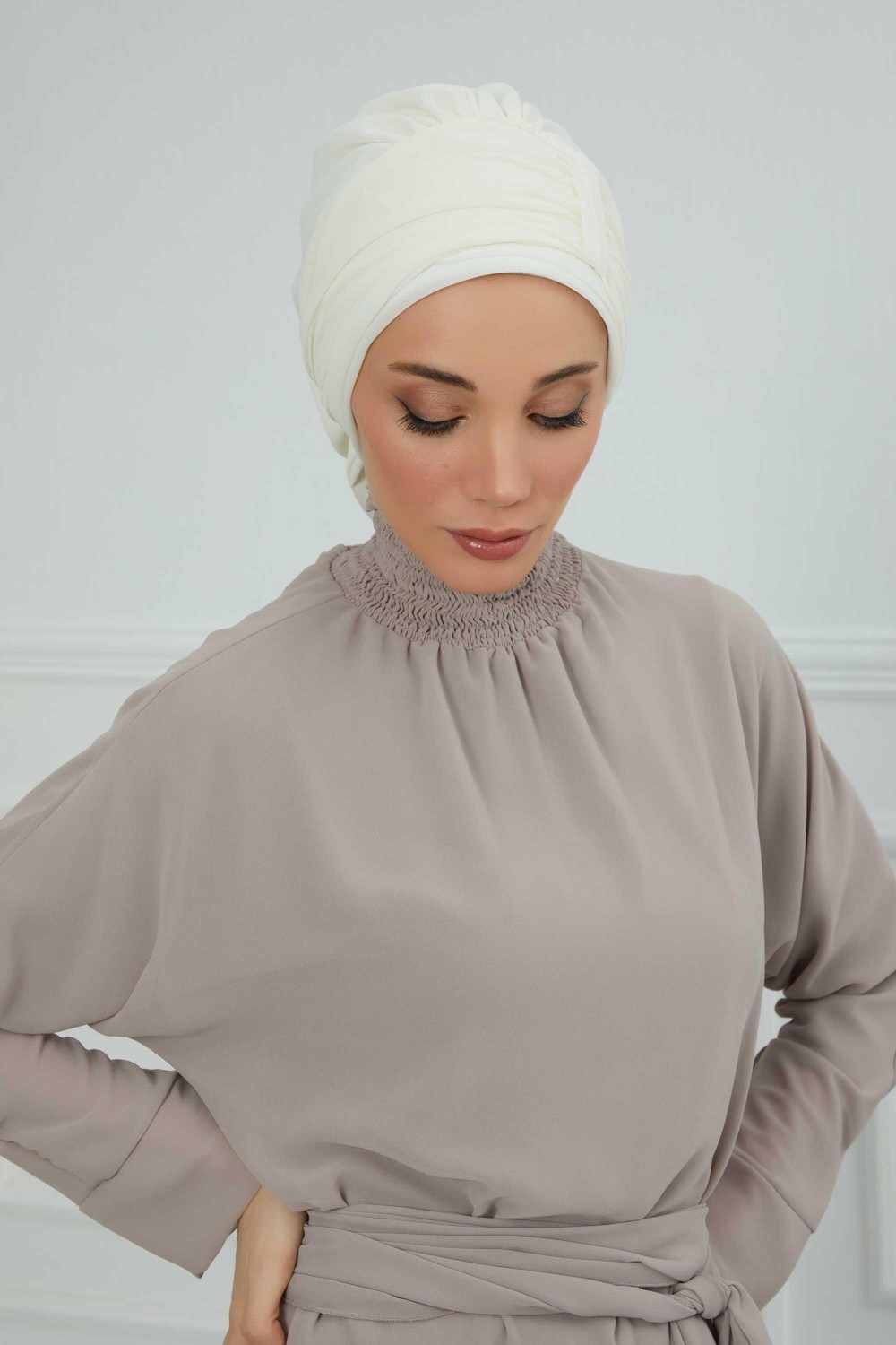 Aisha's Design Pileli Tasarım Şifon Hazır Türban,HT-107,HT-107,Kahverengi görsel 6