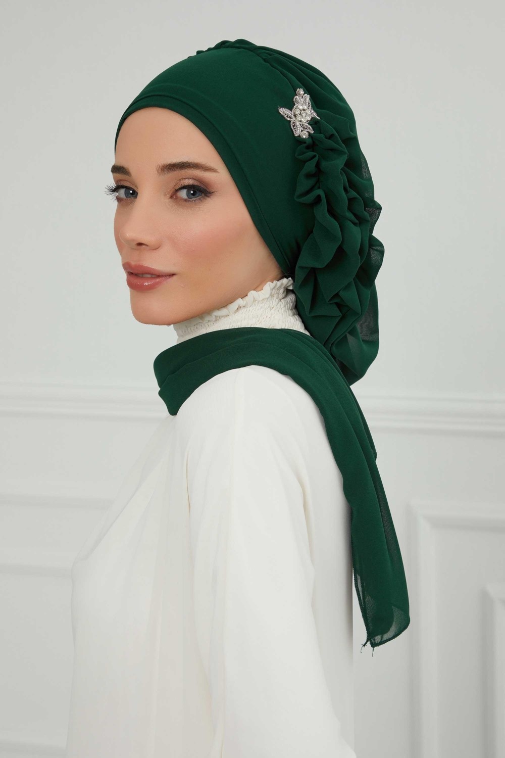 Aisha's Design Yandan Fırfırlı Gümüş Aksesuarlı Şifon Hazır Türban,ht-106,ht-106