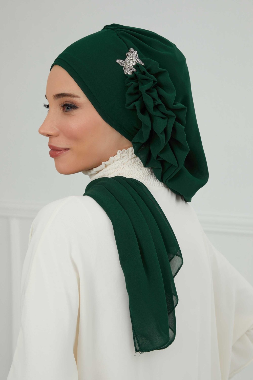 Aisha's Design Yandan Fırfırlı Gümüş Aksesuarlı Şifon Hazır Türban,ht-106,ht-106 görsel 3